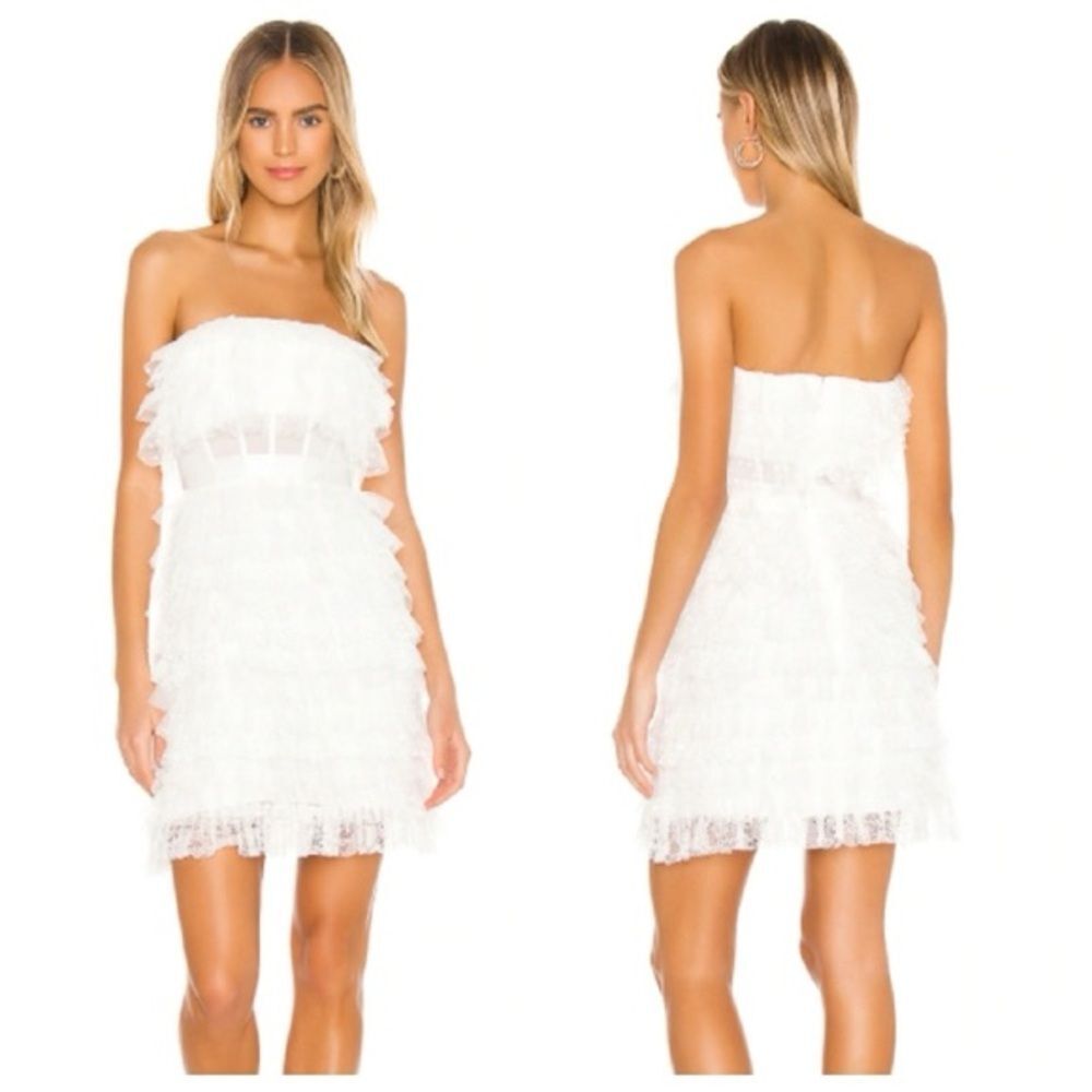 BCBGMaxAzria Strapless Ruffle Lace Mini Dress Off-white Light Yellow 2